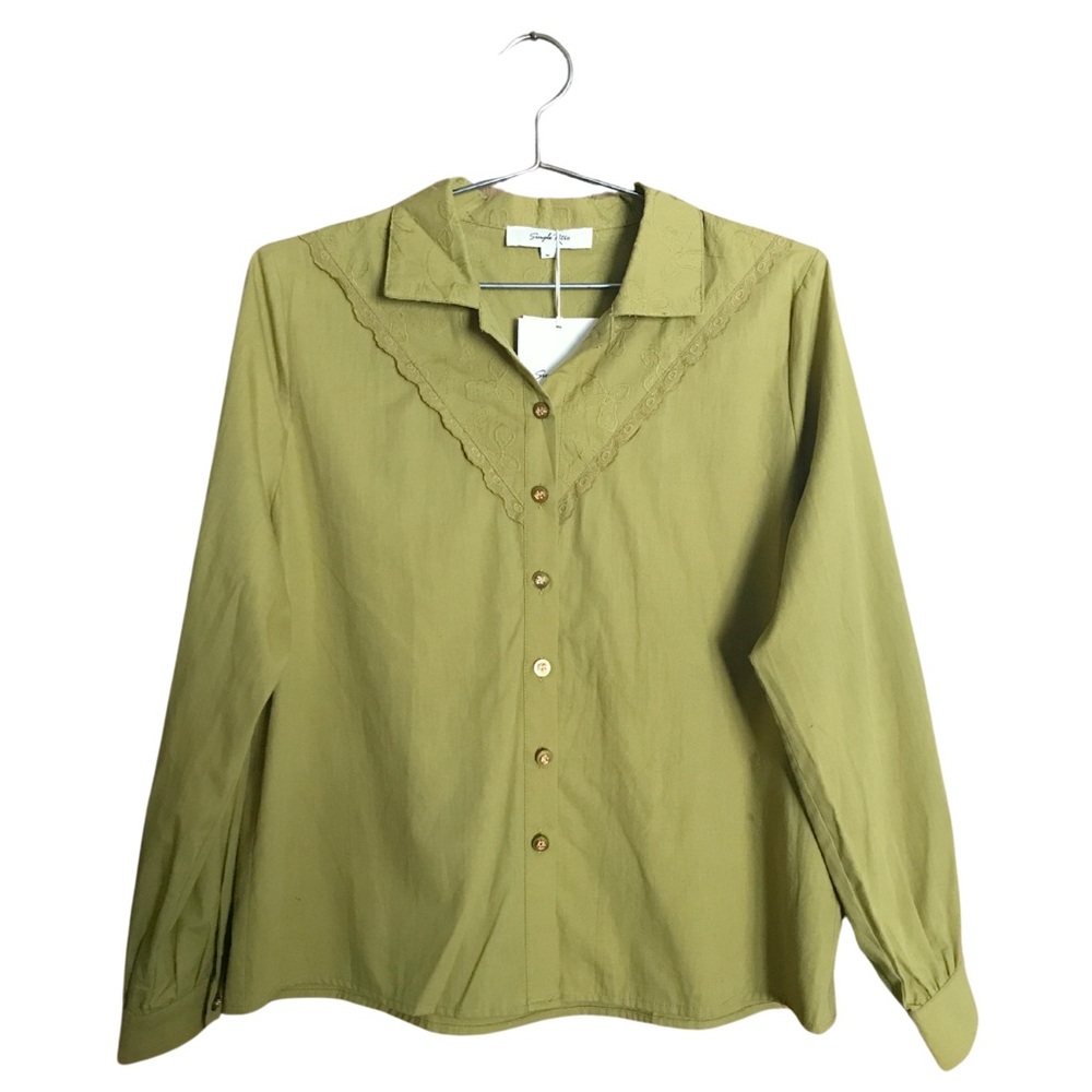 Avocado Green Embroidered Cotton Button Up Blouse Simple Retro M NWT